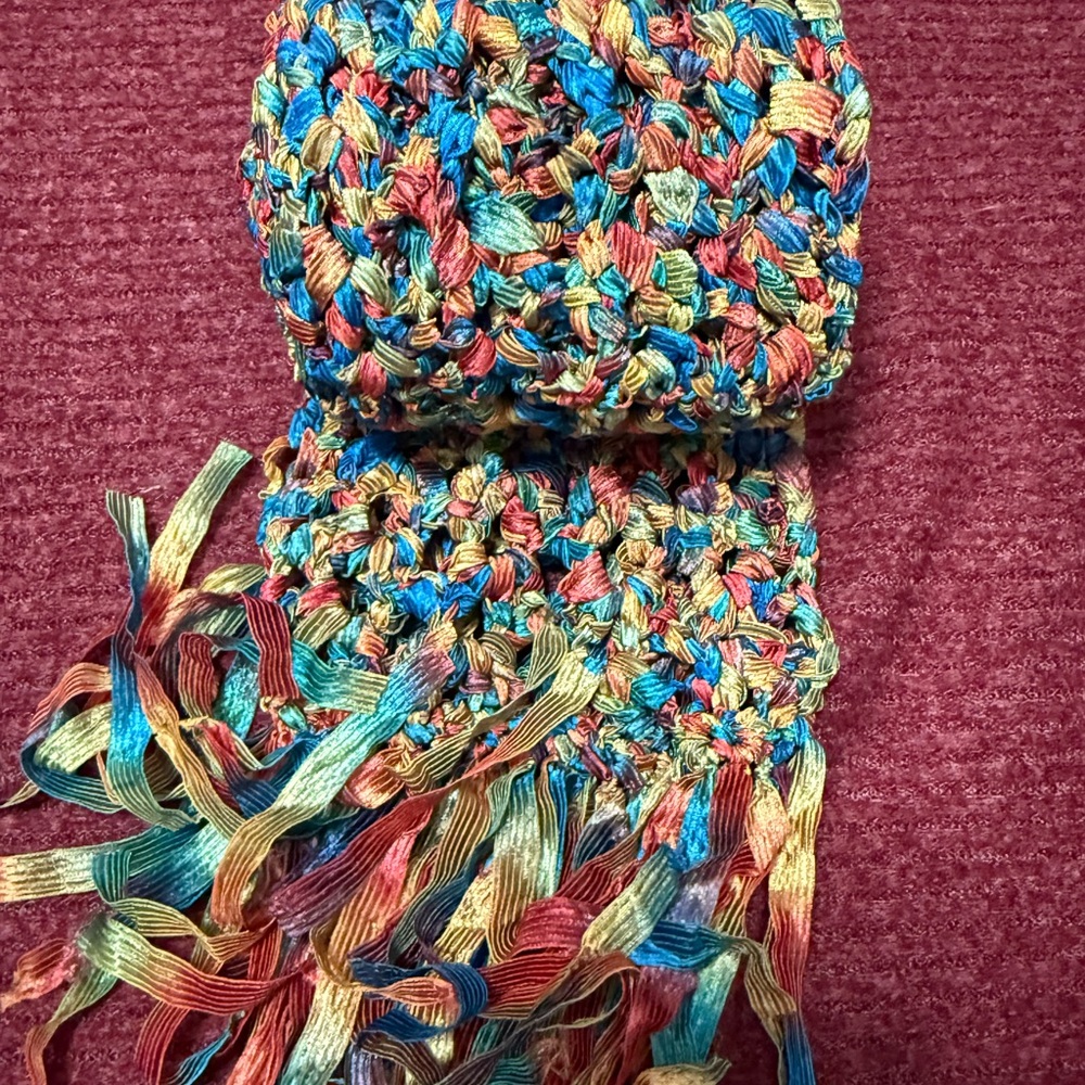Handmade Vtg Ladder ribbon yarn Crochet Scarf Open Knit Fringe Blues, Gold,Rust